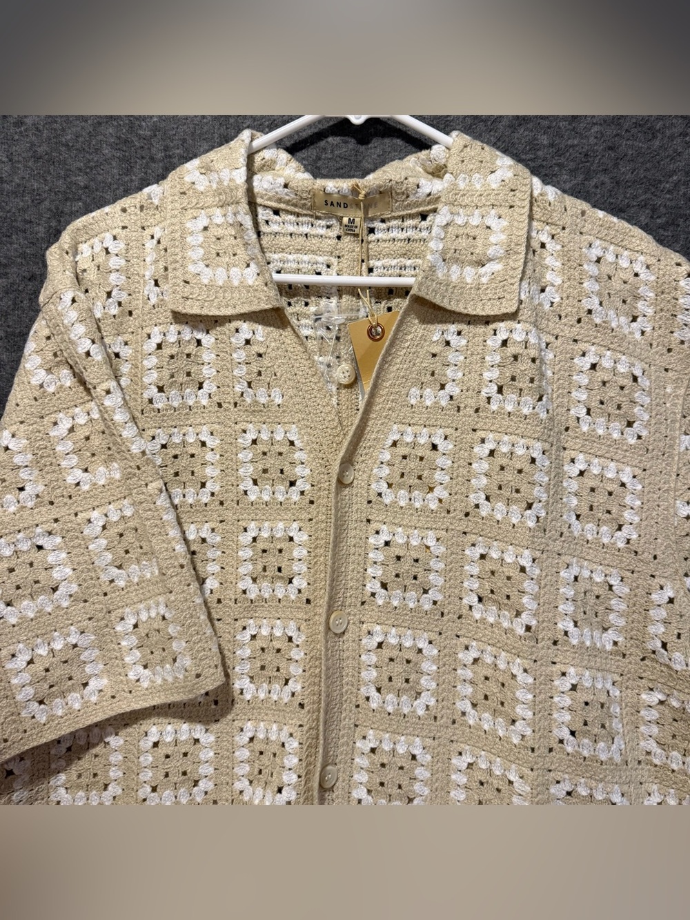 Sandstone Crochet Shirt Mens M tan button patterned acrylic coastal camp beach